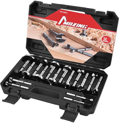 MAZING 16PCS Forstner Drill Bit Set for Woodworking, Auger Opener Round Shank Drilling Cutting Tool, Alloy Steel Ideal for Hard & Soft Wood, Plastic, Plywood