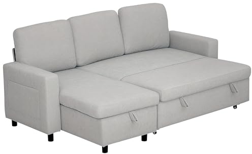 HOMCOM Sofa Bed with Storage, Convertible L Shaped Corner Sleeper Couch, 3 Seater Pull Out Sofa Bed with Reversible Chaise, Side Pockets for Living Room, Bedroom, Small Spaces, Light Grey