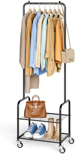 AOODA Small Clothes Rack with Shelves, Metal Sturdy Rolling Clothing Racks for Hanging Clothes, Portable Garment Rack with Wheels for Shirts, Coats, Shoes, Bags (Black)