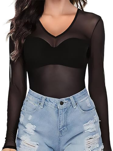 Ysabeloom Hauts transparents pour femmes à manches longues en maille transparente voir à travers chemisier, XX-Large