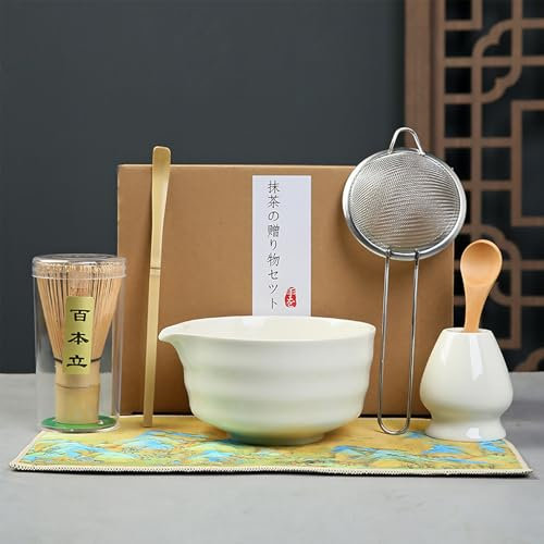 Juego de Ceremonia Japonesa de Matcha 7 Piezas – Cuenco, Batidor de Bambú, Cuchara, Colador, Soporte de Batidor y Cucharas – Kit Completo para Té Matcha, Ideal para Hogar y Regalo (Blanco)