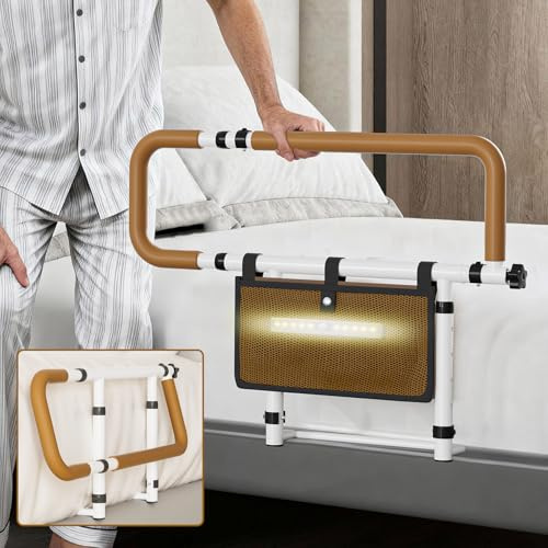 CAPRYSE Barrière de Lit Adulte Pliable avec Éclairage LED, Barre d’Appui Réglable en Hauteur et en Largeur, Poignées Antidérapantes, Poche de Rangement, Aide pour Se Lever du Lit pour Personnes Âgées