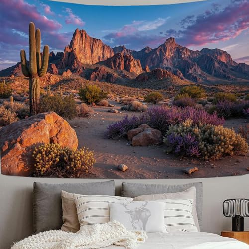 DLERFLOVR Tapiz Estético de Paisaje Del Atardecer En El Desierto, 150x100 cm Tapiz de Pared Arte Mural Cactus Y Montañas Decorativo Pared de Tela para Sala de Estar, habitación, Dormitorio, Marrón