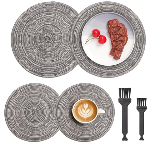 Tallriksunderlägg bordstabletter runda set om 4 flätade bordstabletter, tvättbara halkfria 2 x 30 cm bordstabletter 2 x 11 cm underlägg, tallrik med silvertråd, rengöringsborste, värmebeständig