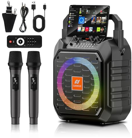 SANSUI Máquina de karaoke D69, altavoz PA Bluetooth portátil con 2 micrófonos inalámbricos y luces coloridas, sistema de karaoke para niños y adultos, compatible con USB/TF/REC/FM/AUX para fiestas en