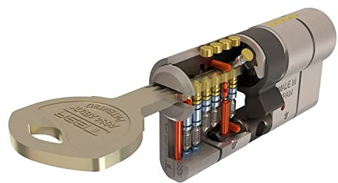 Tesa Assa Abloy Cilindro de Alta Seguridad, Llave - Leva Corta - para puertas de metálicas, Latonado, 30x30 mm