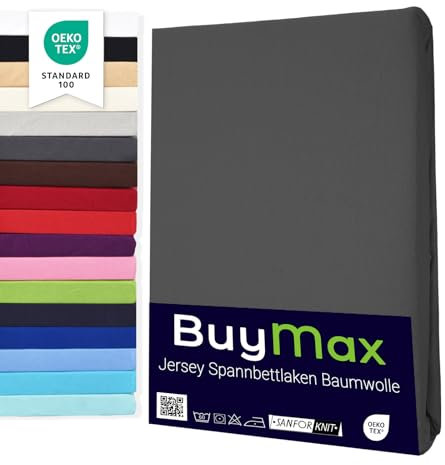 Buymax® Spannbettlaken 100x200cm Doppelpack 100% Baumwolle Spannbetttuch Bettlaken Jersey, Matratzenhöhe bis 25 cm, Farbe Anthrazit