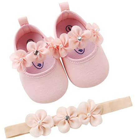 EDOTON 2 Pcs Kleinkind Schuhe+ Stirnband, Baby Mädchen Blumen Schuh Anti-Rutsch-Weiche Besondere Anlässe Taufe Hochzeit Party Schuhe,rosa 18 EU(0-6 Monate/Herstellergröße- 1)