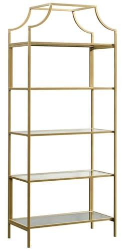 Pemberly Row Modern Metal 5 Shelf Bookcase, Satin Gold Finish, Safety-Tempered Glass Shelves, Durable Metal Construction, 70.87 in H x 30 in W x 14.49 in D, Elegant Open Shelving for Home or Office