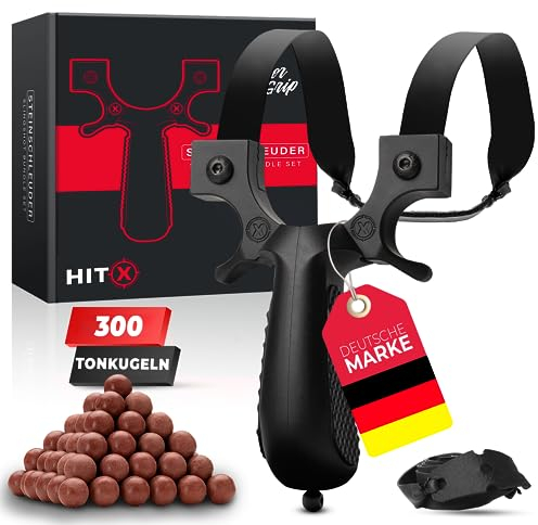 HITX® Zwille Steinschleuder Bundle Set | Super Grip Oberfläche | Slingshot Schleuder mit Gummiband | Einfache Clip-Anbindung | Sportgerät im Bundle Set mit Ersatzgummi + 300 Tonkugeln