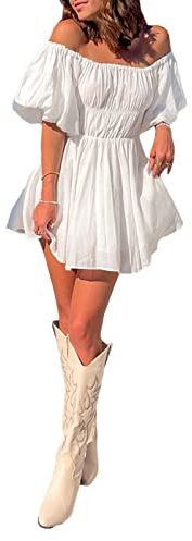 Vestido corto de verano para mujer con mangas abombadas y hombros descubiertos, cuello cuadrado, con volantes, línea A, suelto, vestido de playa con vuelo y movimiento, vestido de sol fruncido, blanco