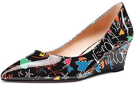 Aachcol Femmes Compensé Talon Mi Talon Heel Pointu Bout Escarpins Slip-on Chaussures Mariage Party 5 CM Multicolore e2 Vernis 39 EU