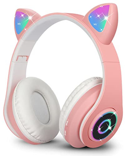 Sendowtek Wireless Headphones for Kids Adults, Over Ear Cute Cat Ear Earphone with Flashing Lights Built-in Mic Bluetooth Headphones for Kids Girls Boys(Pink)