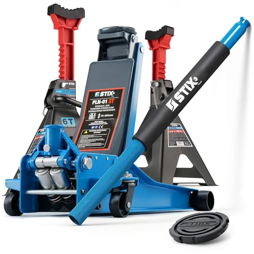 STIX domkraft 3T, hydraulisk domkraft 75–505 mm med 2 x underställsbockar 6T
