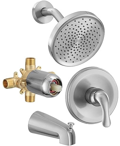 FROPO Tub Shower Faucet Set with Valve, Tub and Shower Faucet Set Complete Brushed Nickel, Single-Handle Tub and Shower Trim Kit with High-Pressure 6 Inch Rain Shower Head and Tub Spout