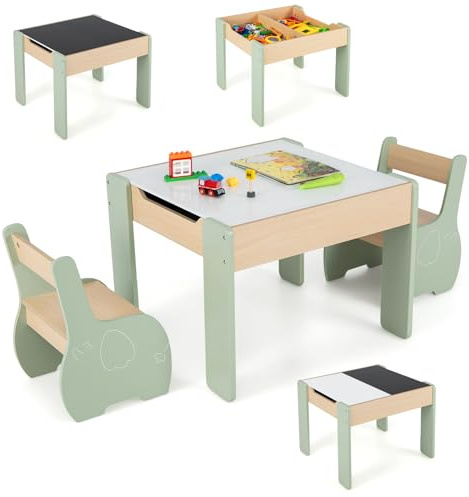 LIFEZEAL 3 in 1 Tavolo per Bambini con 2 Sedie, Tavolino e Sedie per Bambini in Legno, Tavolino Bimbi con Contenitore, Lavagne Bianco e Nero per Disegnare, tavolino bambini per cameretta (verde)