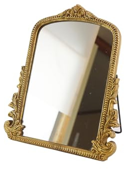 HSDDHOME Espejo de escritorio de maquillaje vintage, mesa de arco tradicional y elegante, decoración con marco de madera, pequeño Arendahl tallado de pie para sala de estar, dormitorio, mesa de 11.8 x