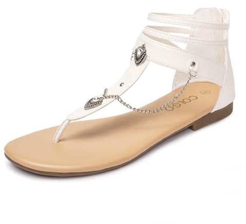 Colgo Thong Flat Sandals with Chain, Ankle Strap Zip Closure Flat Sandals, Women's Casual Sandals for Summer Party (White/Sdl,8)