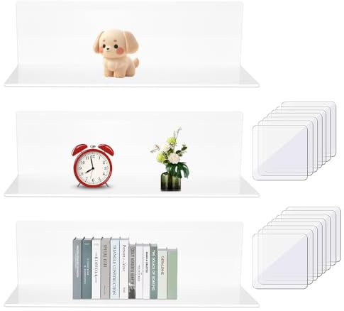 CAREDGO Schwebend Regal Ohne Bohren, 3 Stück Acryl Wandregal 30CM Weiß Schweberegal Küchenregal Wandregal Wandboard Matt Regal Acryl mit 15 Stück Kleber Regalbrett Schweberegal für Küche, Wohnzimmer