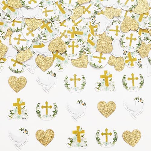 Balterever Lot de 200 confettis de baptême à paillettes dorées pour fête de baptême, fournitures de fête de baptême, croix florale, colombe, décorations de table dispersées pour première