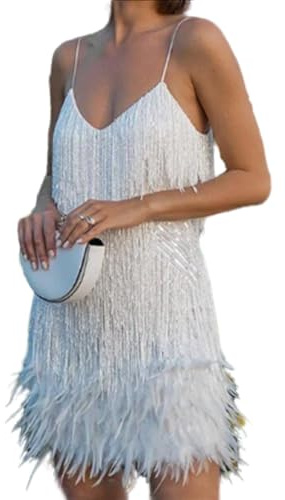 Samba - Abito da cocktail alla moda, con frange, paillettes e piume, patchwork, bianco, S haut