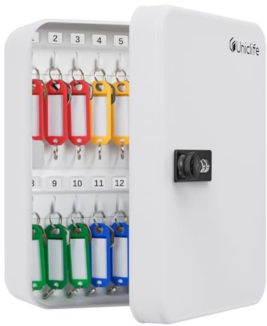 Uniclife Armario de llaves de acero para 28 llaves con cerradura de combinación, organizador de llaves montado en la pared con código reajustable, caja de seguridad digital blanca con ganchos y