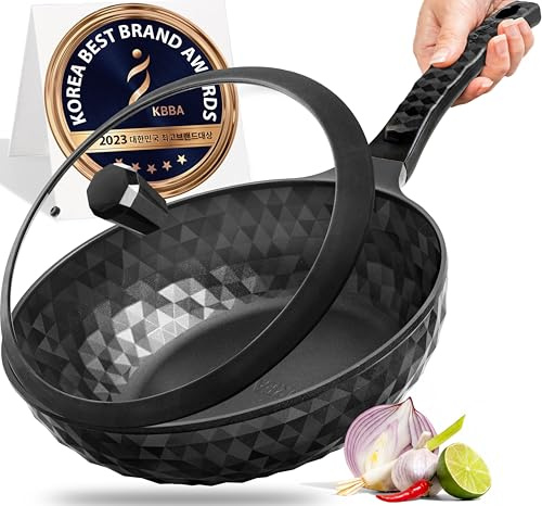 Diamond X Premium Non Stick Wok Pan with Lid - 11 Large Flat Bottom Chinese Wok - Woks & Stir-fry Pans Nonstick - Titanium-Coated 8-Layered Korean Engineered Skillet for Frying, Oil-Free, PFOA-Free