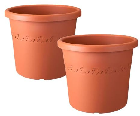 simpa 6L Algarve Plastic Outdoor Flower Planter Pots - Terracotta 20.5cm (H) x 25cm Dia - Set of 2 Pots