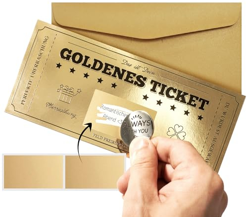 Judywoo Geschenkkarte zum selber ausfüllen mit Rubbelaufkleber, Glücksbringer Goldenes Ticket mit RubbelkarteMfür Frauen Freundin Geburtstag Geburtstagsgeschenk (Gold)