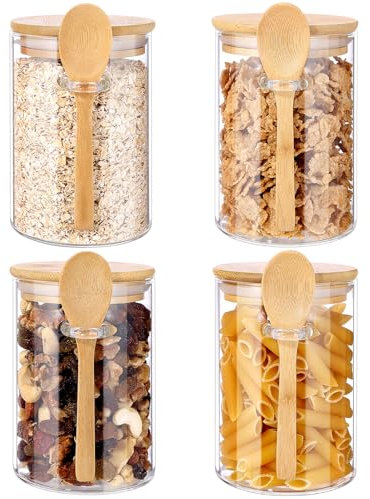 Zeawavsl Bocaux En Verre Couvercles Et CuillèRes, Lot De 4 Pots De Conservation Avec Couvercles Et CuillèRes, RéCipients En Verre Pour La PréParation Des Aliments