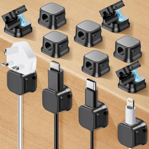 Farerkass 12 pcs Support Cable, Clips Cable avec Auto-Adhésifs, Organisateur de Cable, Accroche Cable pour Bureau, Table de Nuit, Câbles de Chargement, Hdmi, Usb, Audio, pour Maison, Bureau (Noir)