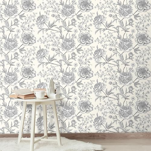 Decotalk Carta da Parati Autoadesiva Floreale Peonia Stile Orientale 44.5X900cm Carta Adesiva Per Mobili Beige Rimovibile Rivestimento Adesivo Parati Buccia E Stick Per Camera da Letto Armadi Mobili