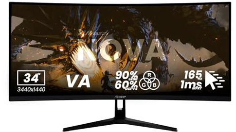 Arozzi Nova 34 tum Curved VA 165Hz spelskärm – ultrastor QHD 1440p spelskärm – adaptiv synkronisering, HDR10 utan flimmer – 90% sRGB-färger - Kompatibel med PC och konsol - svart