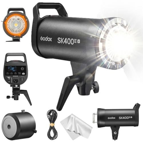 Godox SK400III-V Flash da Studio 400Ws, GN65 5700K Strobo Professionale con Lampada Modellante LED 10W, Riciclo 0.1-1.5s, Sistema X Wireless 2.4G Integrato e Attacco Bowens per Ritratti e Prodotti