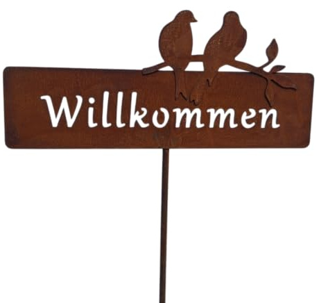 Bornhöft Willkommen Gartenstecker aus Metall, Edelrost Cortenstahl, mit Vögel-Motiv, 35 x 115 cm, Outdoor Gartendeko Gartenstecker Beetstecker