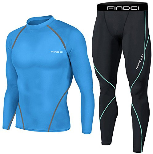 1Bests Set sportivo da corsa da uomo composto da maglietta a compressione + pantaloni aderenti sulla pelle, maniche lunghe, ad asciugatura rapida, tuta da fitness, palestra, yoga, azzurro, XL