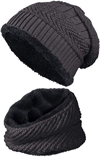 BALINCO Caldo berretto foderato + sciarpa con fodera in pile con motivo a treccia Cappello invernale taglia unica per donne e uomini (4A) (grigio scuro/nero)