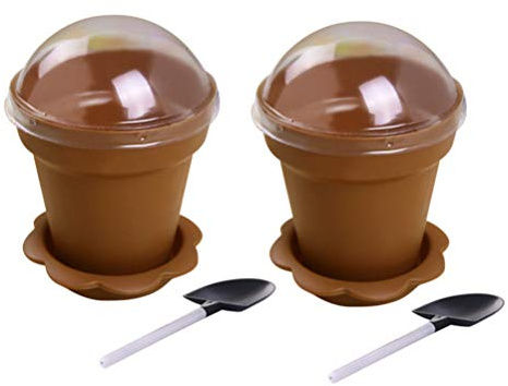 UPKOCH Flowerpot Cake Cups with Lids Mini Shovel Spoons and Bottom Tray 2.83 Inch Plastic Dessert Containers for Ice Cream Yogurt Mousse Pudding Party Serving
