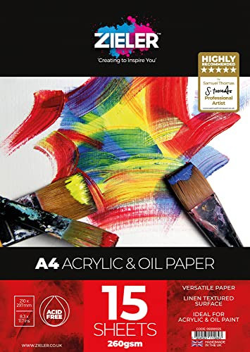 Acrylic Painting Pad - 300gsm, 15 Sheets - by Zieler™ Linen Textured Surface & Acid Free. Ideal for Acrylic Painting. (A4)