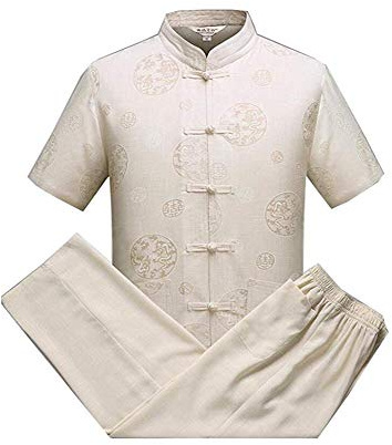 Tai Chi Donna，Uomo Abbigliamento Taiji GU Shi Xia Tang Abito di Mezza età A Maniche Corte Camicia di Lino retrò Fibbia in Cotone E Lino per Il Tempo Libero in Stile Cinese,Yellow-M