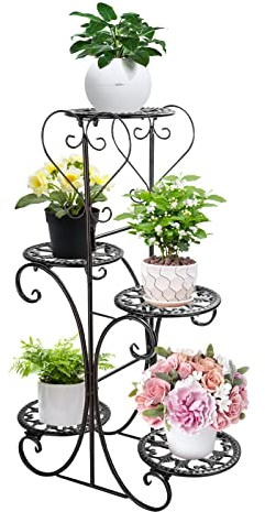 Shoze 5 Tier Plant Stand Metal Tall Flower Pot Rack Holder Multi-Layer Display Planter Shelf for Indoor Outdoor 40 x 83 x 22cm Black