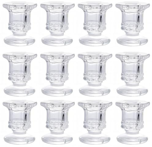 12Pcs Glass Candle Holder, Clear Taper Holders, Small Candlestick Stands | Table Centerpiece for Wedding, Church, Christmas Decoration, Bedroom Decor, Pariy (Clear)
