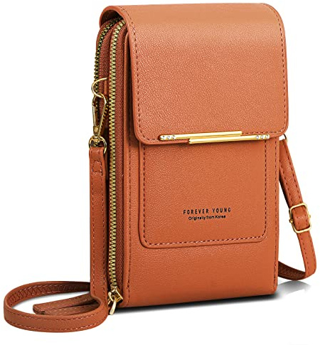 AIFILLE Pochette en PU Cuir Original Transparente Écran Tactile Petit Sac Téléphone Portable Femme avec Bandoulière Réglable Porte Carte Fentes, Brun