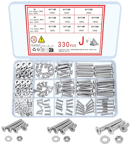 330 Pcs Countersunk Head Hexagon Socket Screws Bolts and Nuts and Washers Assortment Kit, M3 M4 M5 Metric Stainless Steel Bolts and Machine Screws and Nuts and Washers Set for Home Industrial