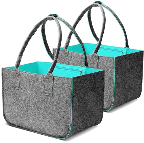 Cnwinu 2 Stück Filztaschen Shopper Groß, 30L Einkaufstasche Faltbar Filz Einkaufskorb mit Lange Henkel, Stabiler Einkaufs Tasche mit Innentasche, Filztasche Kaminholz Filzkorb (Dunkelgrau/Türkis)