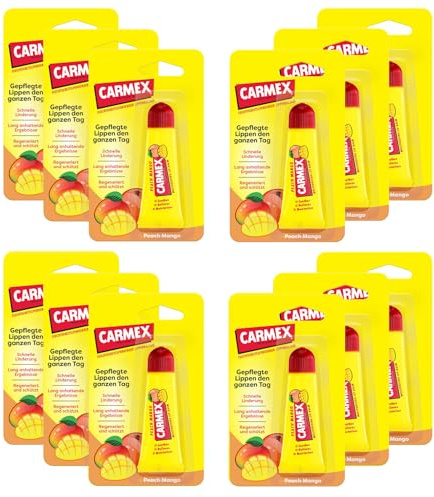 Carmex Peach Mango Tube – läppvård för torra läppar, läppbalsam fuktgivande och lugnande för spruckna läppar, med vaselin, E-vitamin och bivax – (12 x 10 g)