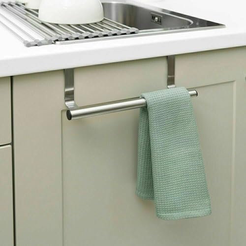 Extendable Over Cabinet Towel Rack Rail Over the Door Towel Rail, Stainless Steel Kitchen Tea Towel Holder Anti-Slip Scratch Protecting, No Drilling