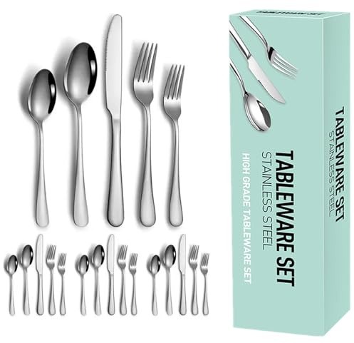 MIMEMY Bestickset för 4 personer, 20 delars bestickset inklusive kniv, gaffel, sked för köket hemma, bestick rostfritt stål spegelpolerad, diskmaskinssäker (silver)