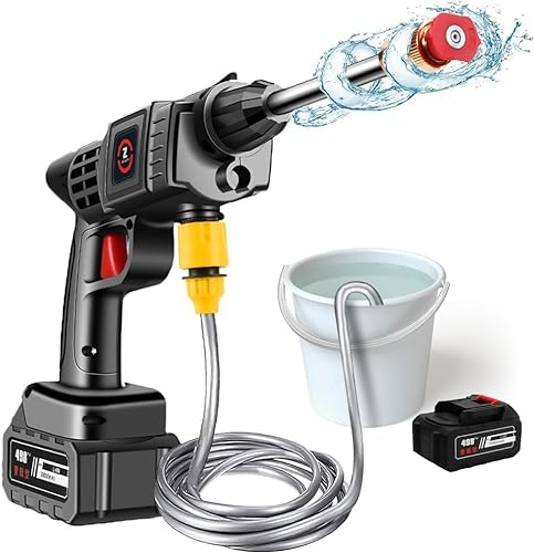 Hochdruckreiniger, kabellose Hochdruckpistole, 50 bar, Hochdruckreiniger mit 1 Akku, Ladegerät und 5 m Schlauch, für Waschen und Bewässerung des Autos (A)