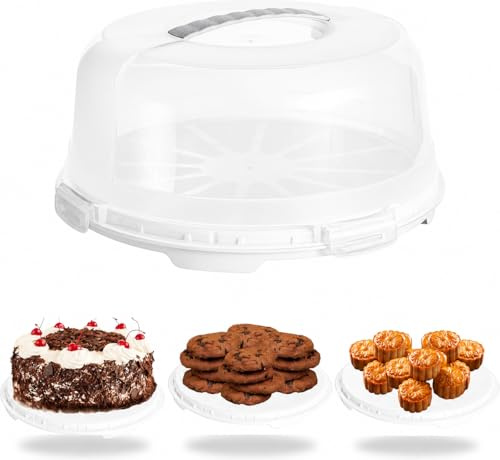 Buzztrove - Large Size | Cake Carrier with Handle | 15cm Tall Cake Storage Container with Airtight lid | Cake Storage Box with 4X Locking Lid for Cakes, Cupcakes, Pies & Pastries. (White)